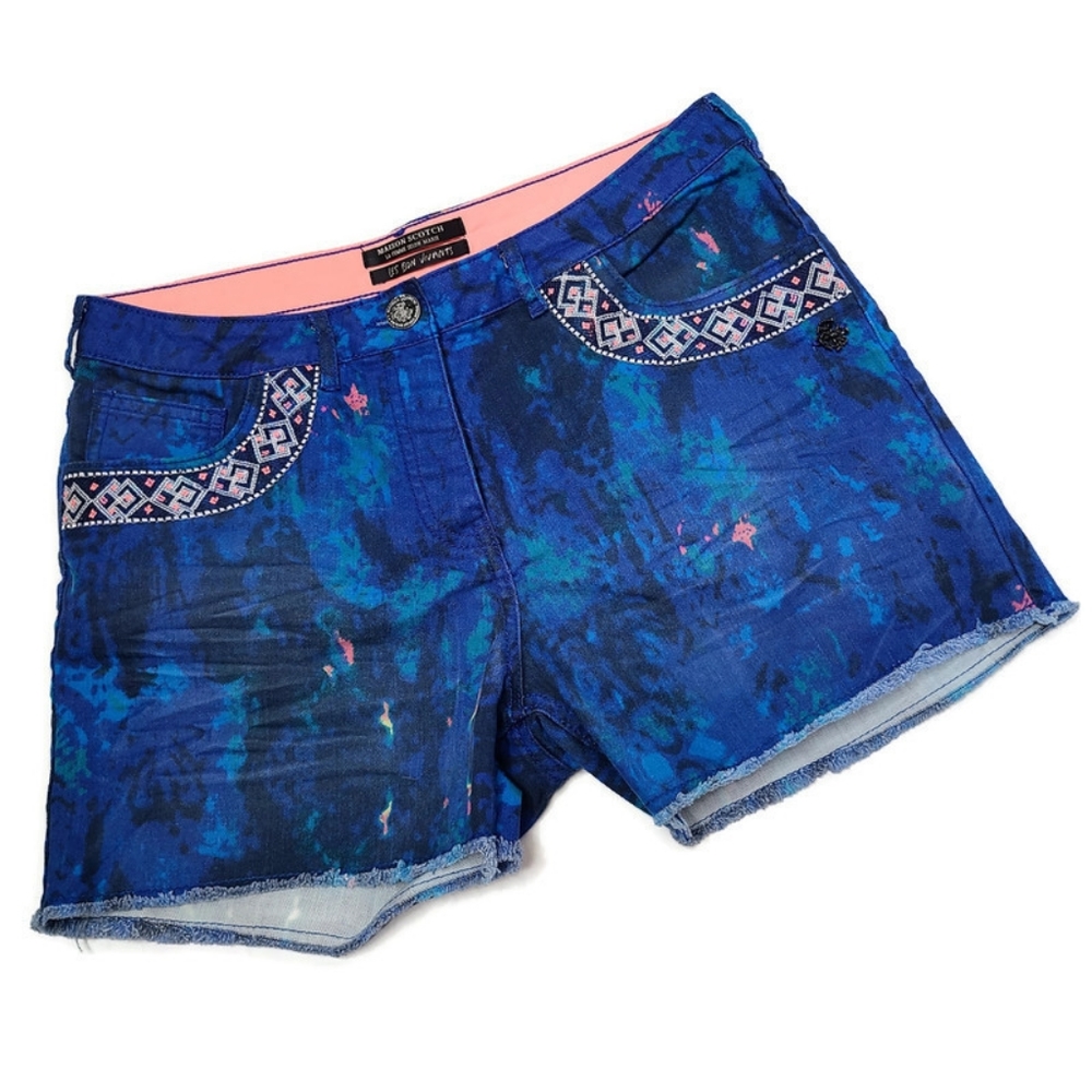 Scotch & Soda Blue Patterned Denim Jean Shorts